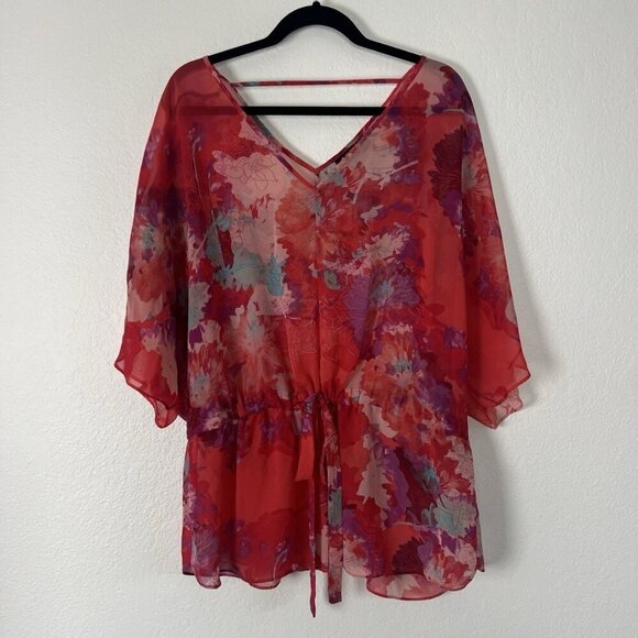 a.n.a Tops - a.n.a Women Plus Size 2X Red Floral Flutter Chiffon Waist Tie V- Neck Blouse Top